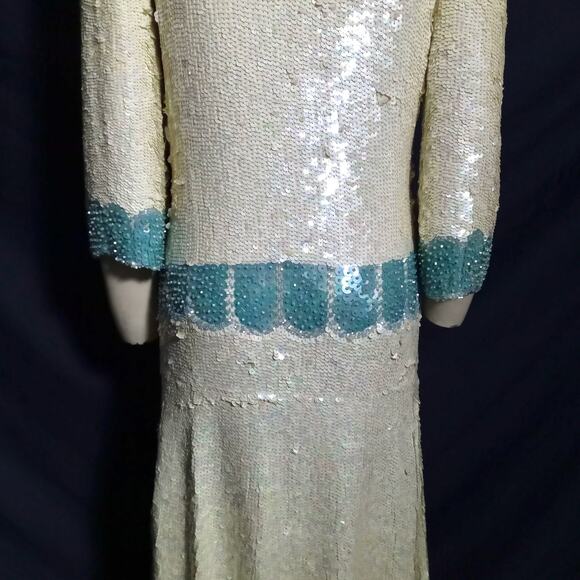 Vintage Art Deco Sequin Beaded Gown Cream Green M Ballroom Pageant Competition - Picture 6 of 15